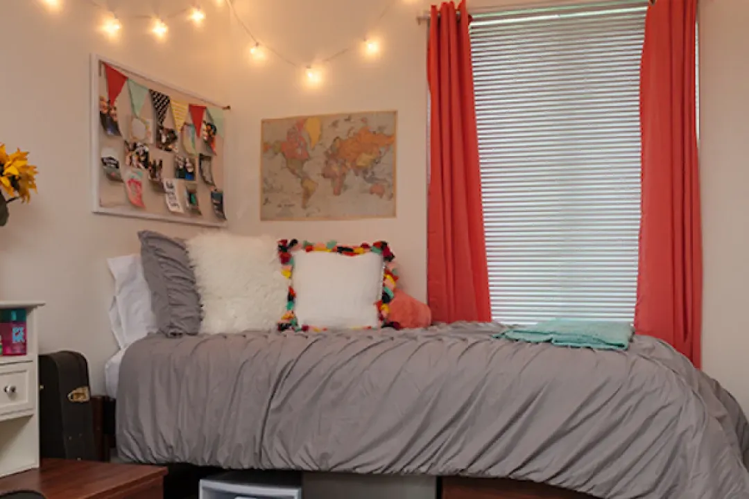 inside view of a student's dorm room on campus.